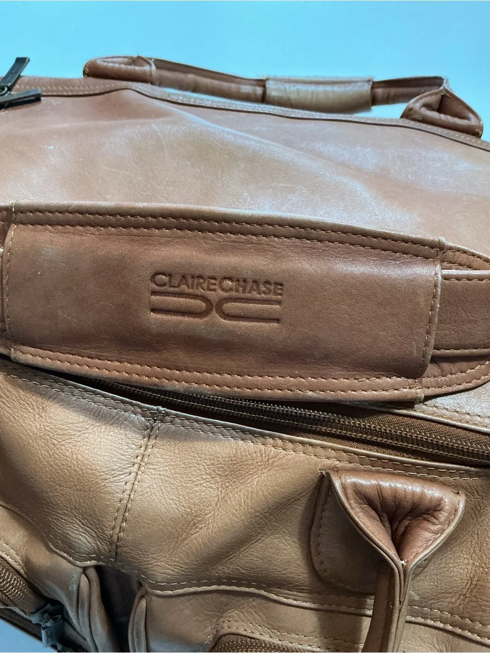 Claire Chase Columbia Leather Tan Brown Travel Duffel Weekender Luggage Bag